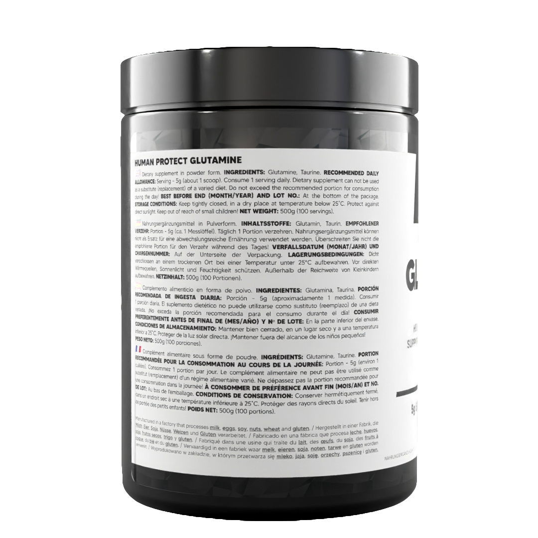 Back of glutamine 500 g jar with serving, storage and usage instructions text