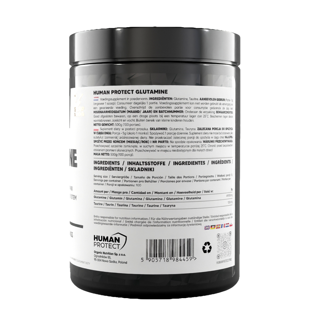 Glutamine ingredient list panel on 500 g unflavoured supplement jar with barcode