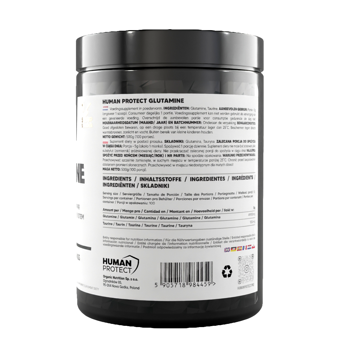 Glutamine ingredient list panel on 500 g unflavoured supplement jar with barcode