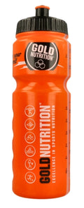 Orange Sport-Trinkflasche mit schwarzem Deckel und Gold Nutrition Aufdruck.