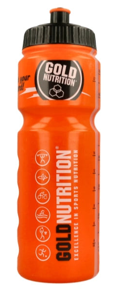 Orange Trinkflasche mit schwarzem Deckel und Aufdruck „Gold Nutrition“.