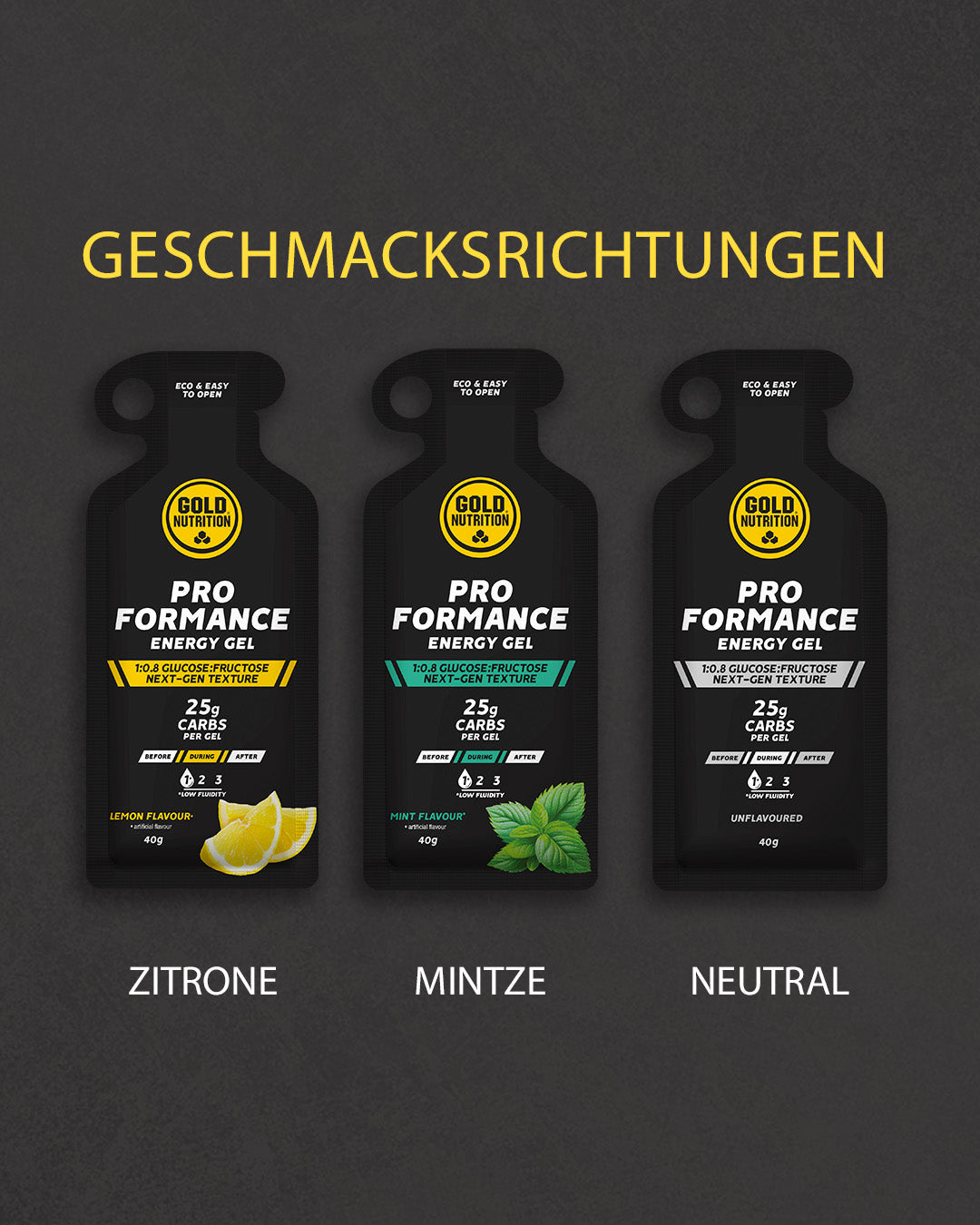 Geschmacksrichtungen: Zitrone, Mintze und Neutral, Pro Formance Energiegel Beutel
