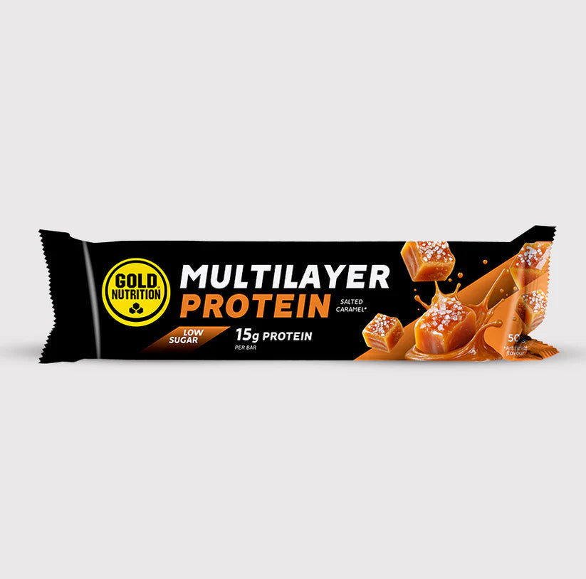 Multilayer-Proteinriegel mit dunklem Salzkaramell, zuckerarm, 50 g, Verpackung