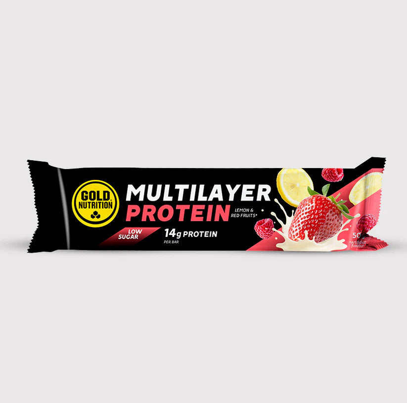 Multilayer-Proteinriegel im schwarzen Gold Nutrition Verpackungsdesign, rote Früchte & Zitrone