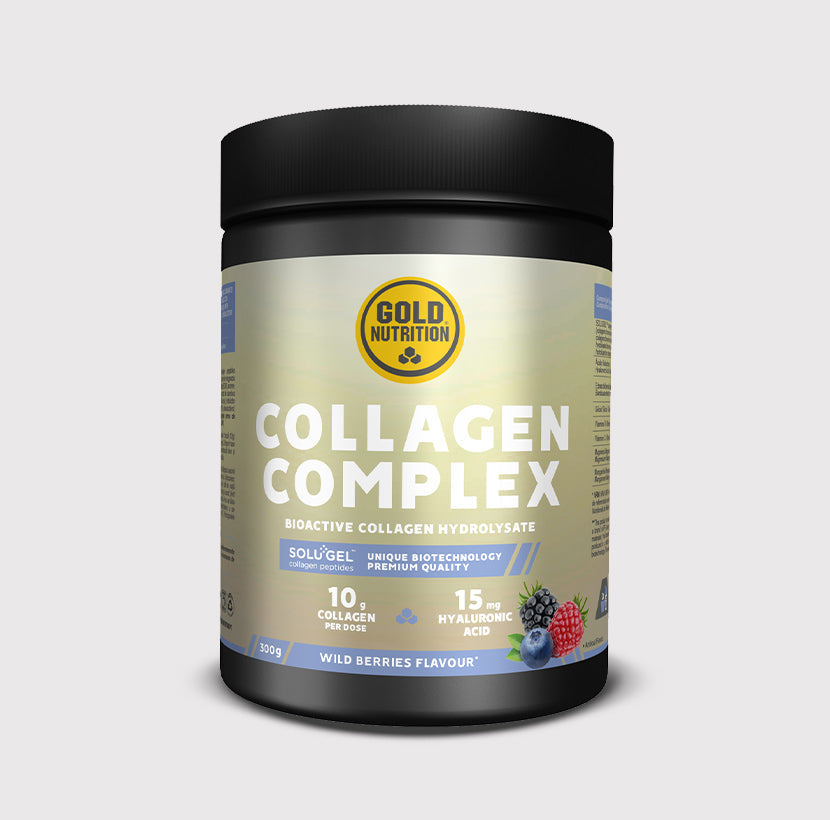 Nahrungsergänzungsmittel Collagen Complex im Glas mit schwarzem Deckel und Wild-Beeren-Aufkleber