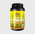 Creatine-Power-Mix in schwarzem Kunststoffglas mit gelbem Etikett und Orange-Mango-Aroma
