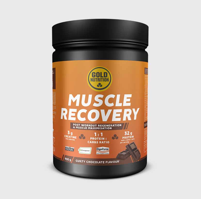 Dose Muscle Recovery Schokolade (900 g) mit Gold Nutrition Aufdruck und Deckel