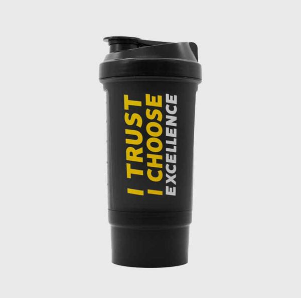 Schwarze Shakerflasche mit Deckel und gelbem Aufdruck, 600 ml
