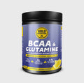 BCAA- und Glutaminpulver in Dose mit schwarzem Deckel, Zitronenaroma, gelb-blauem Etikett