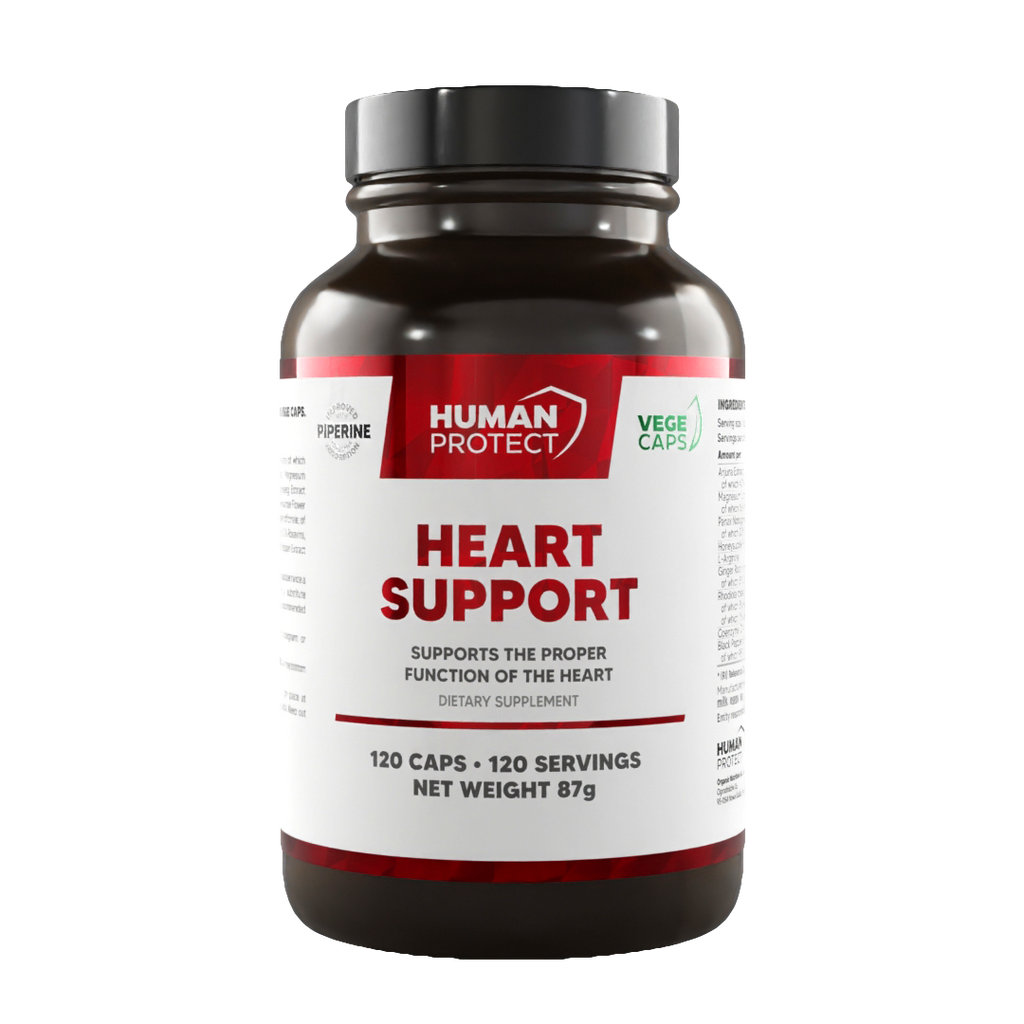 Braune Kapsel-Flasche mit rotem Frontetikett „Heart Support“, 120 Kapseln