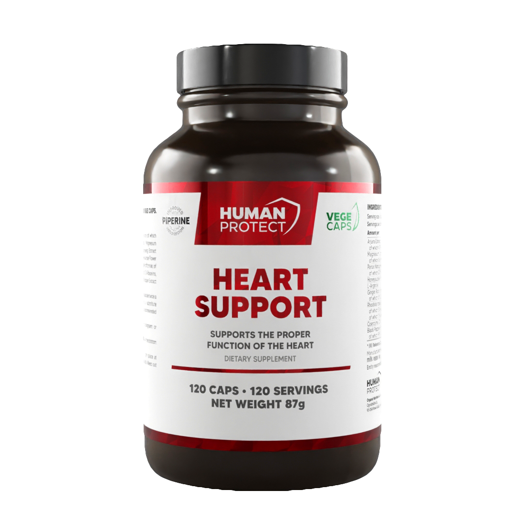 Braune Kapsel-Flasche mit rotem Frontetikett „Heart Support“, 120 Kapseln
