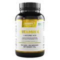 Vitamin-C-Präparat in dunkler Flasche mit HUMAN PROTECT-Label und 100 Kapseln