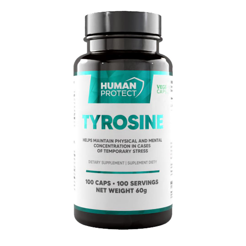 Tyrosin 100 Kapseln, Flasche mit Etikett Human Protect