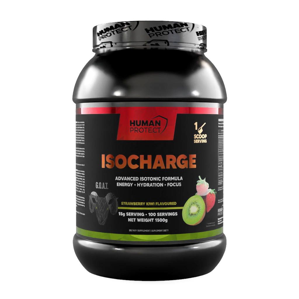ISOCHARGE 1500g: Energy-Drink Strawberry-Kiwi, Frontetikett auf Flasche