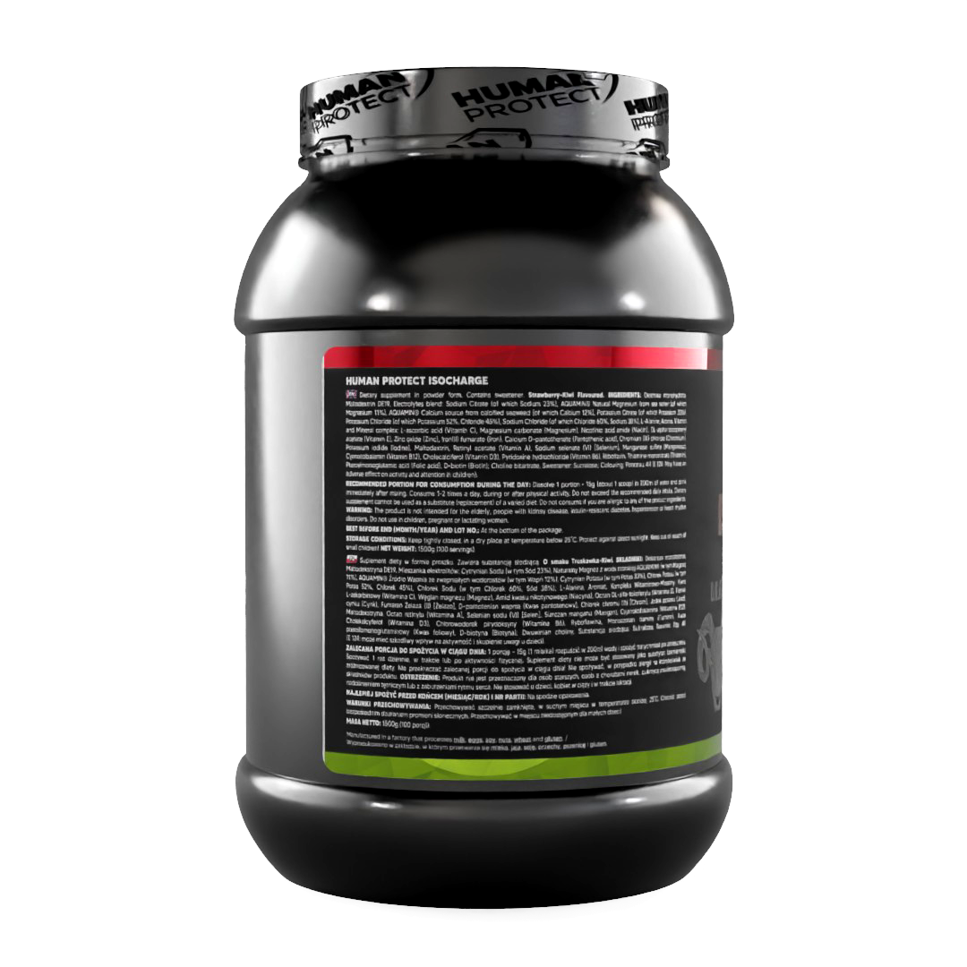 ISOCHARGE 1500g, Rückseite mit Produkt- und Nährwertinformationen auf Flasche
