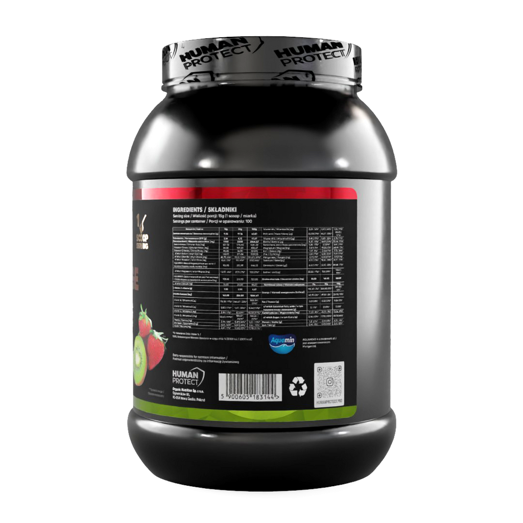ISOCHARGE 1500g Rücketikett mit Zutatenliste und Barcode auf Flasche