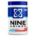 USN Nine Aminos tub, blue lid; 'Mystery Flavour' label, 330 g