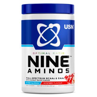 USN Nine Aminos tub, blue lid; 'Mystery Flavour' label, 330 g
