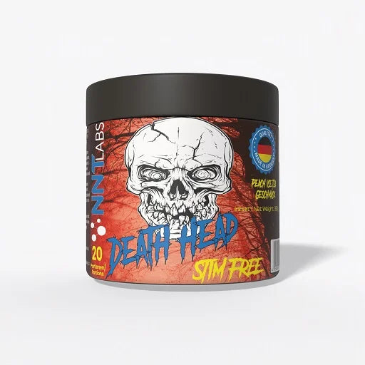 NNT Labs Death Head Peach Ice Tea Dose 350 g mit Totenkopf-Design und schwarzem Deckel