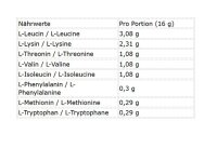 EAA 500g ingredient table showing amino acid values per portion