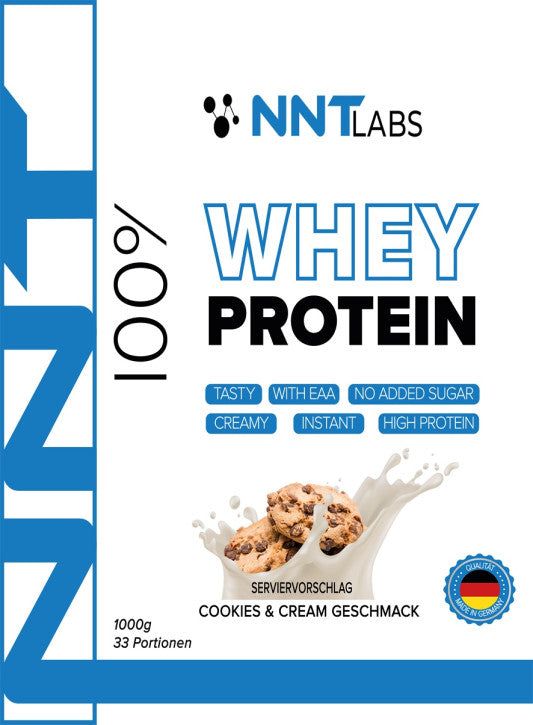 Whey Protein Cookies & Cream, 1000 g, 33 Portionen, Packung