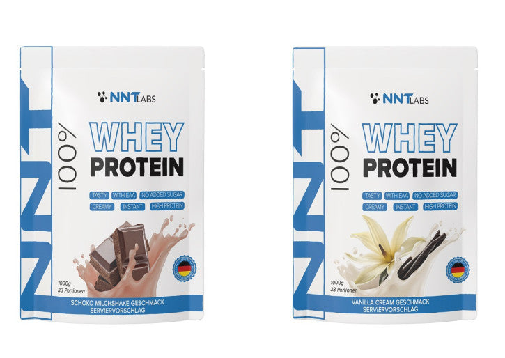 Whey Protein 1000g: Schoko- und Vanille-Creme-Geschmack, je 33 Portionen