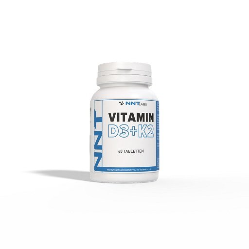 Vitamin-D3+K2 Nahrungsergänzung in Kunststoffdose, Vorderseite mit 60 Tabletten