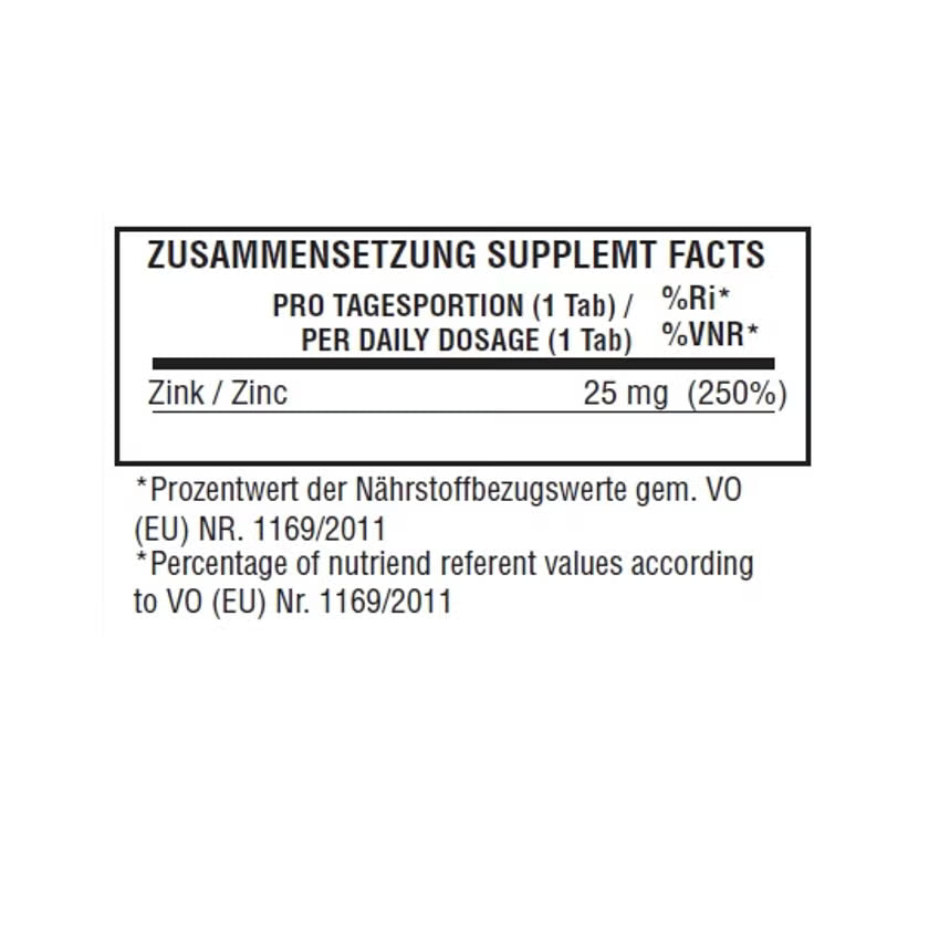 Supplement-Facts Tafel: Zink 25 mg pro Tagesportion (1 Tablette)