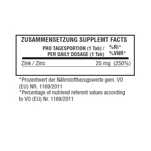 Zusammensetzung: pro Tagesportion 1 Tablette, Zink 25 mg (250%)