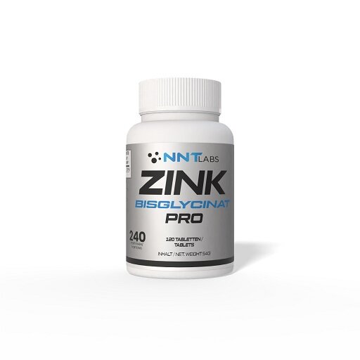 Zink-Bisglycinat-Tabletten-Dose von NNT Labs, Vorderetikett mit Inhaltsangaben