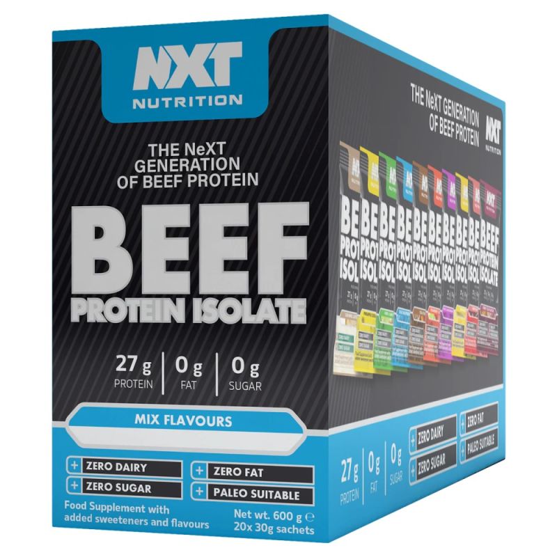 NXT Nutrition Beef-Protein-Isolat, Verpackungskarton mit Mix-Flavor Hinweis