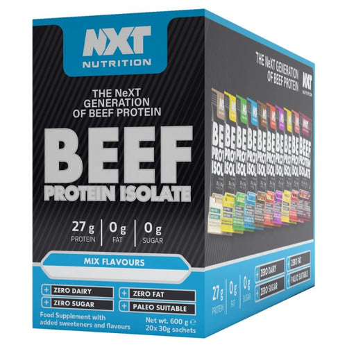 NXT Nutrition Beef-Protein-Isolat, Verpackungskarton mit Mix-Flavor Hinweis