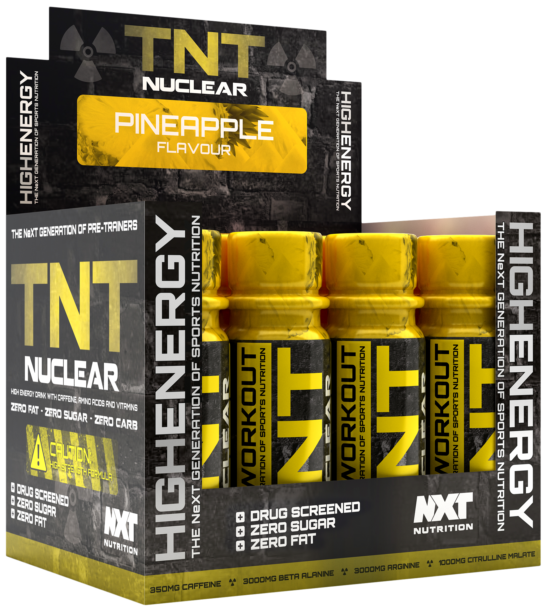 NXT TNT Nuclear Shots 12-Pack Pineapple flavour energy drink shots, yellow bottles