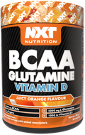 BCAA Glutamine & Vitamin D supplement tub, Juicy Orange flavour, NXT Nutrition label