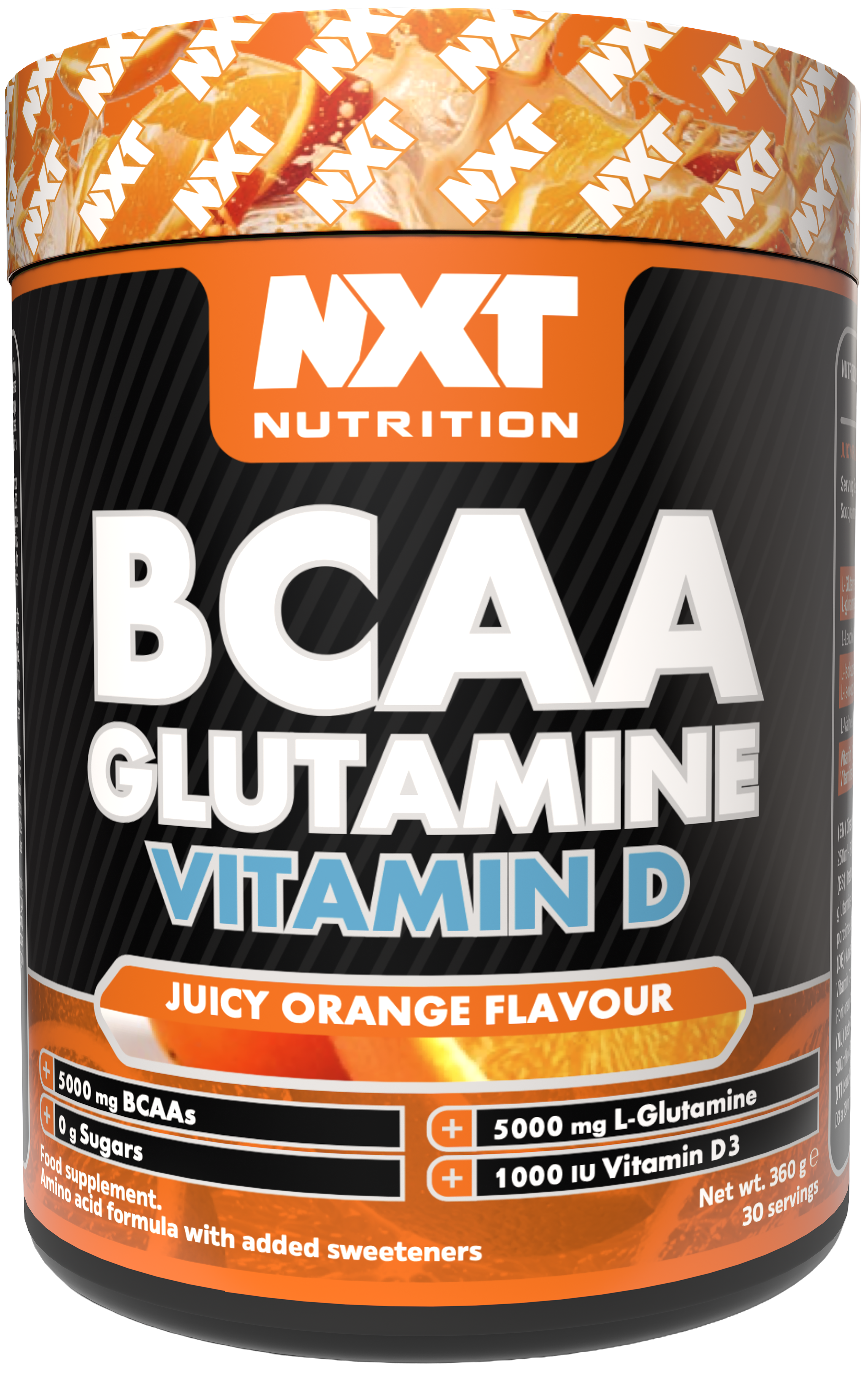NXT BCAA Glutamine Vitamin D tub label, Juicy Orange flavour, supplement facts panel