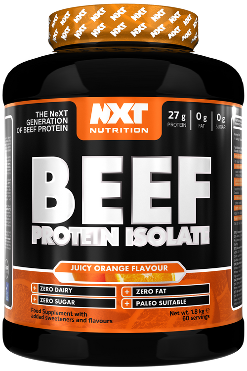 Rind-Protein-Isolat 1,8 kg im Becher, Juicy-Orange-Geschmack, NX Nutrition Etikett