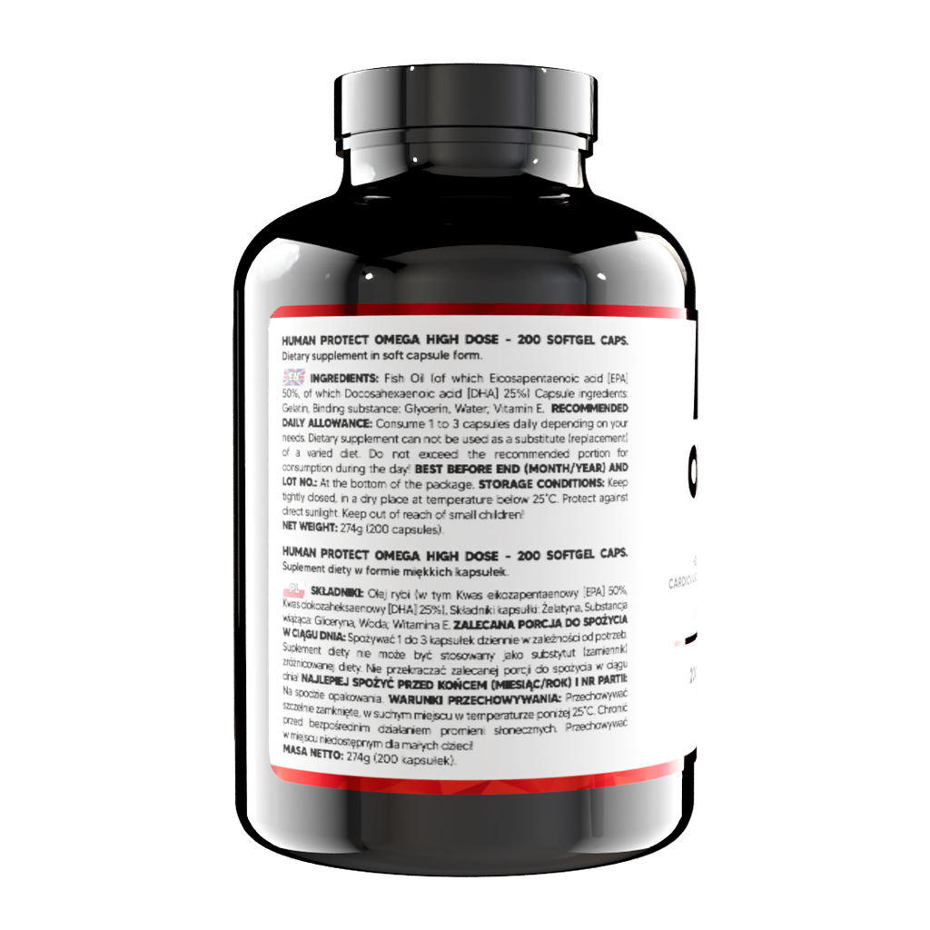 Omega 3 High Dose 200 Softgel-Kapseln, Zutaten-Info auf Rückseite der Flasche