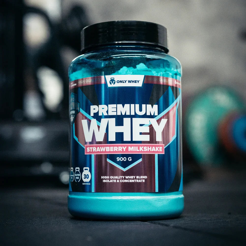 Only Whey Premium Whey 900 g tub, Strawberry Milkshake flavor front label