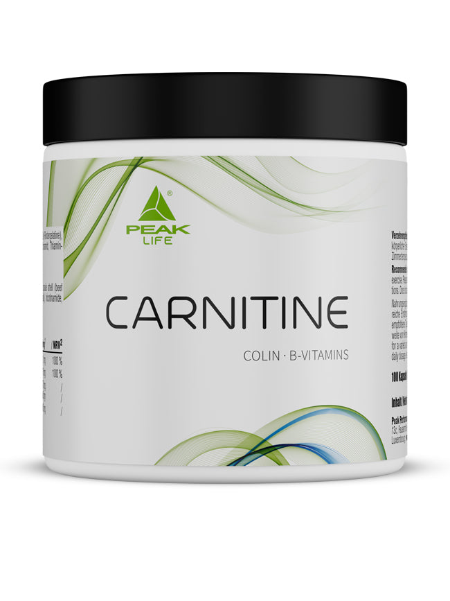 PEAK Carnitin Kapseln in weißem Glas mit schwarzem Deckel, Aufdruck „Carnitine“