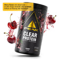 PEAK Clear Protein Dose mit Kirscharoma, schwarzer Behälter mit gelbem Logo