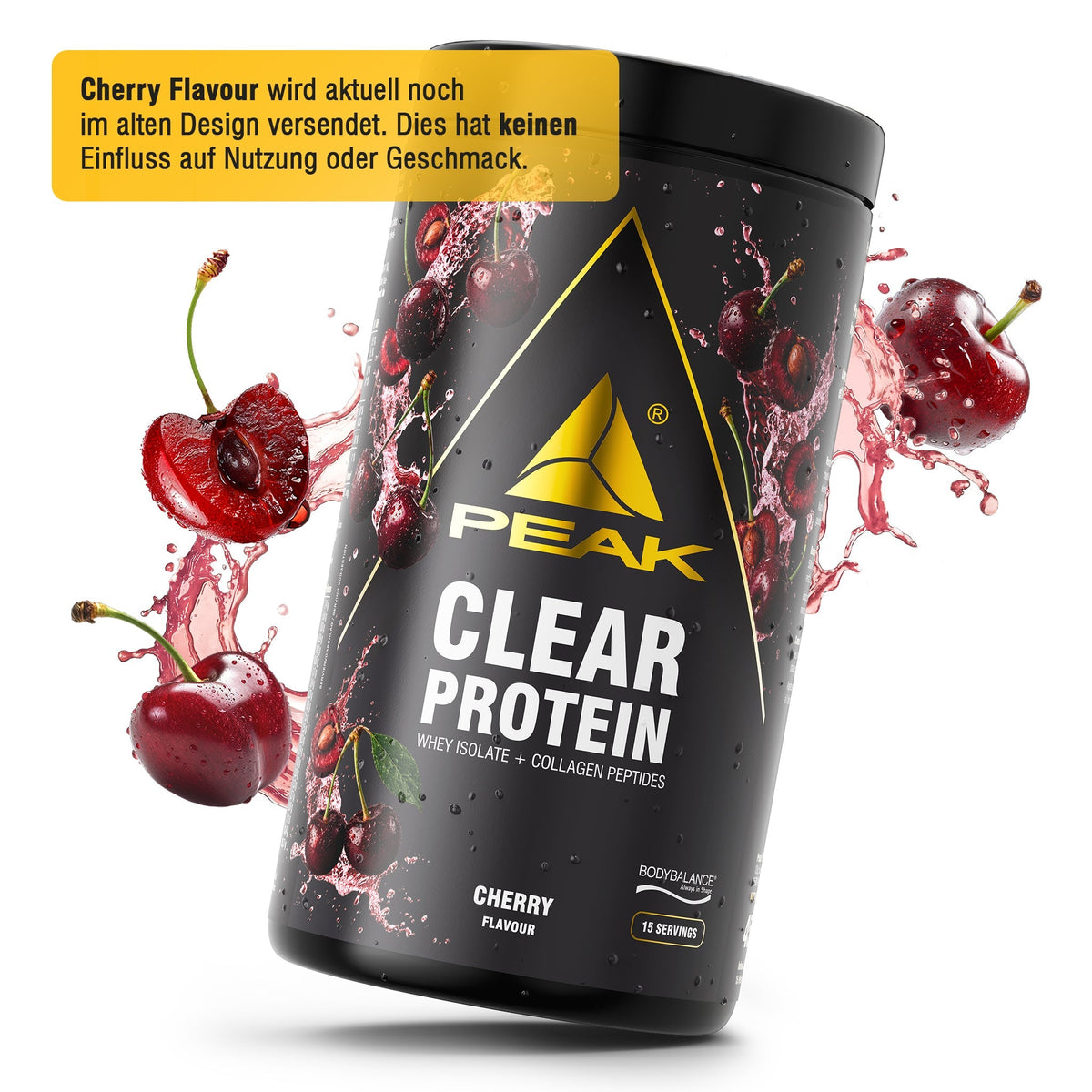 PEAK Clear Protein Dose mit Kirscharoma, schwarzer Behälter mit gelbem Logo