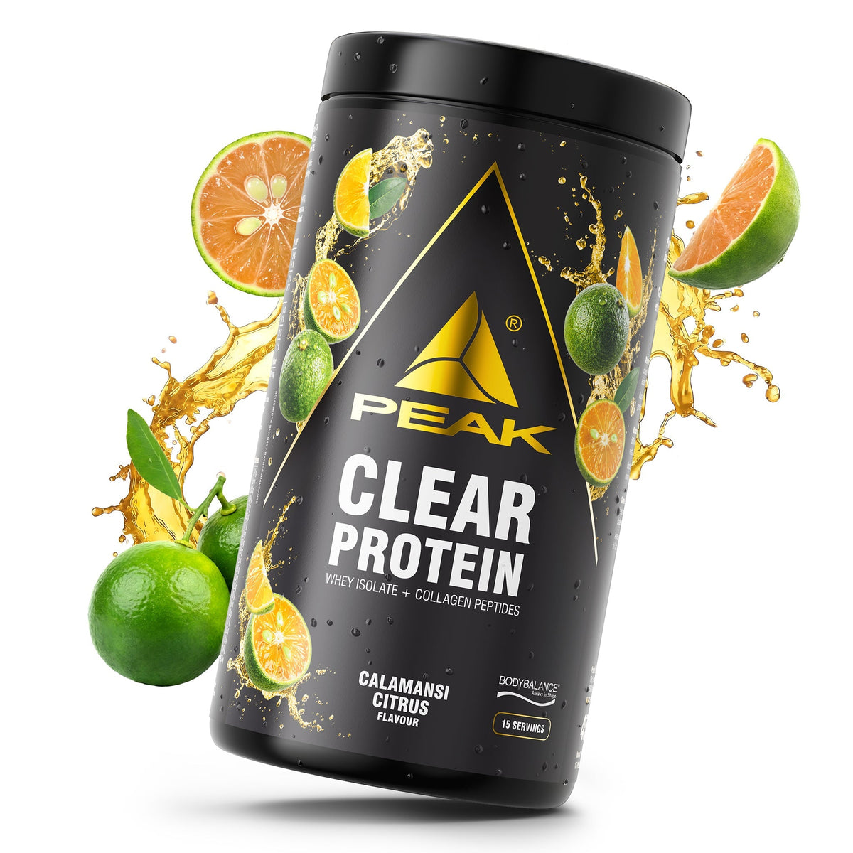 Klarprotein-Pulverdose mit schwarzem Etikett und Aufschrift „Clear Protein“