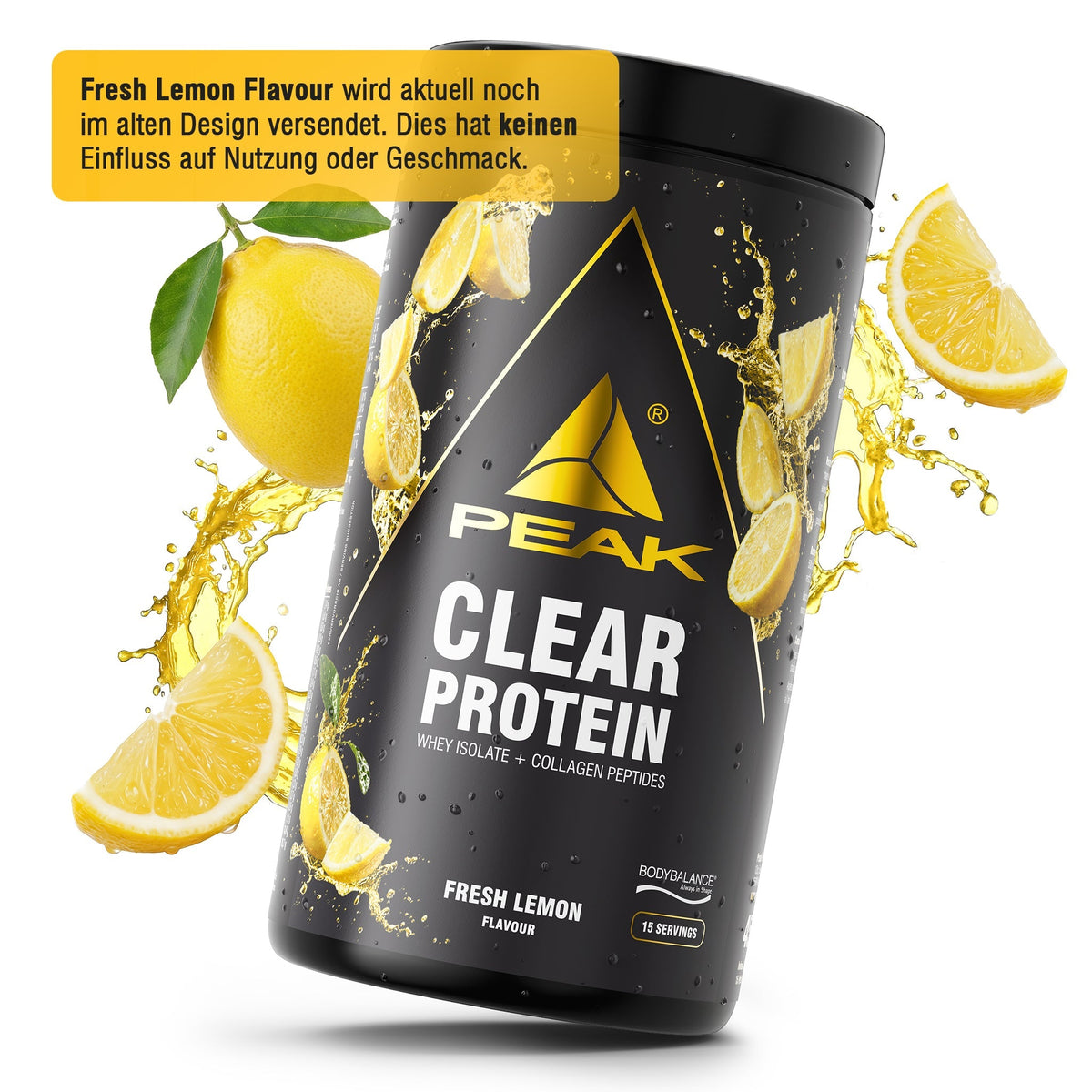 PEAK Clear-Protein Dose (Fresh Lemon), schwarze Verpackung mit gelbem Etikett