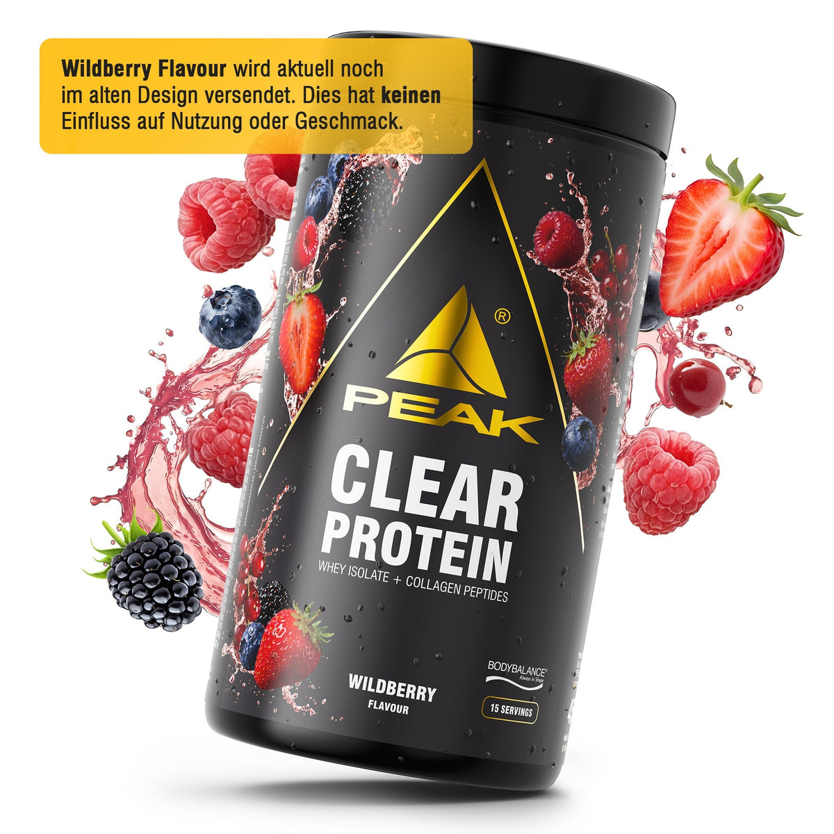 PEAK Clear Protein Dose, Wildberry, schwarz mit Beerenmotiv