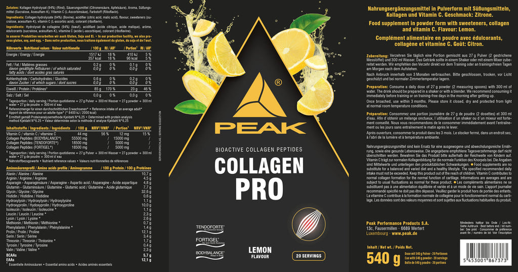 PEAK Collagen Pro 540 g Pulver, Zitrone, Packung mit Nährwertangaben