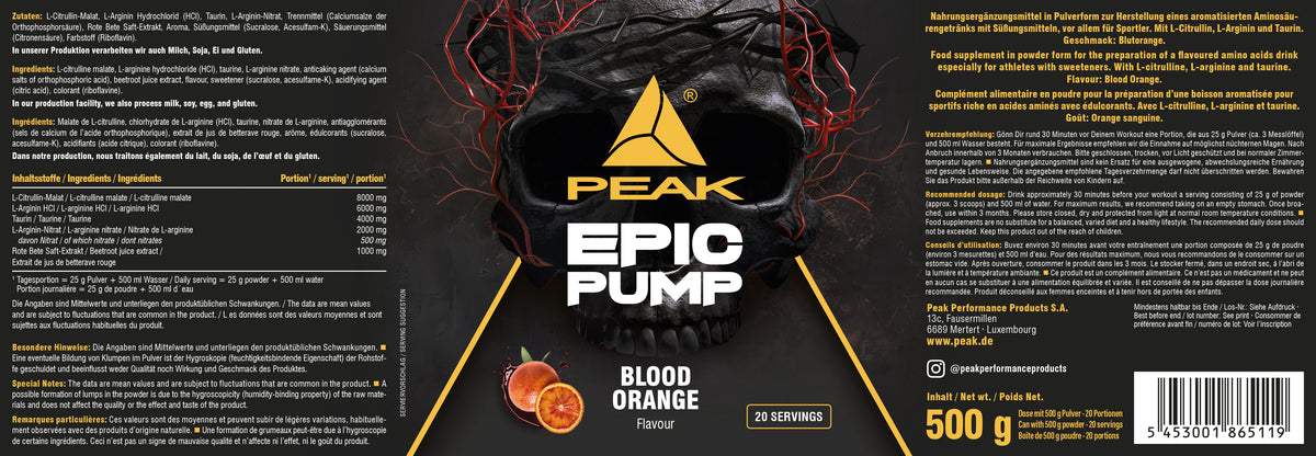 PEAK Epic Pump 500 g Blood Orange Verpackungsetikett