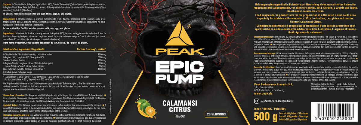 PEAK EPIC PUMP Calamansi Citrus Pulver, 500 g, Verpackungstüte