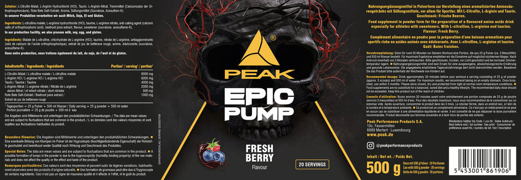 PEAK Epic Pump Pulverdose 500 g Fresh Berry, schwarze Packungsrückseite mit gelben Infos