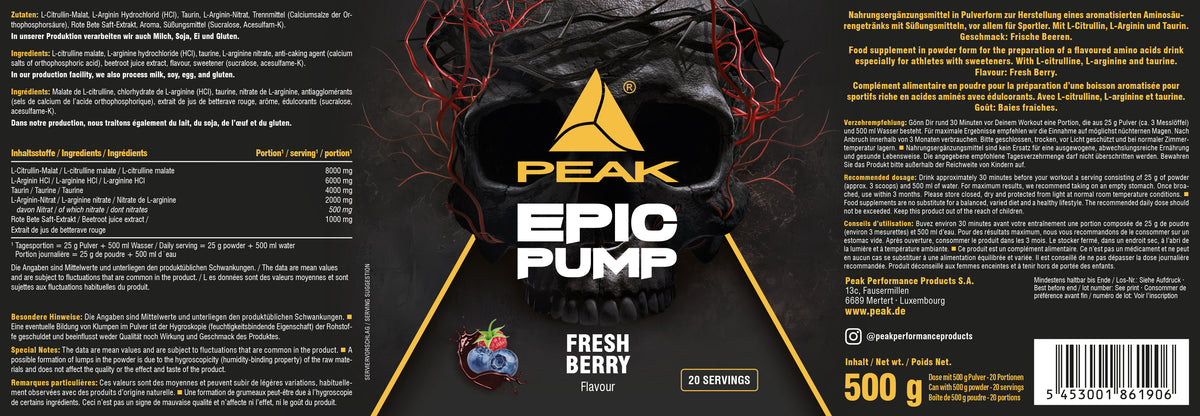 PEAK Epic Pump Pulverdose 500 g Fresh Berry, schwarze Packungsrückseite mit gelben Infos