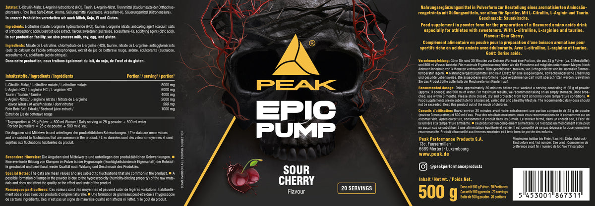 PEAK Epic Pump 500-g Sour Cherry, Nährwert- und Zutatenetikett auf schwarzer Packung
